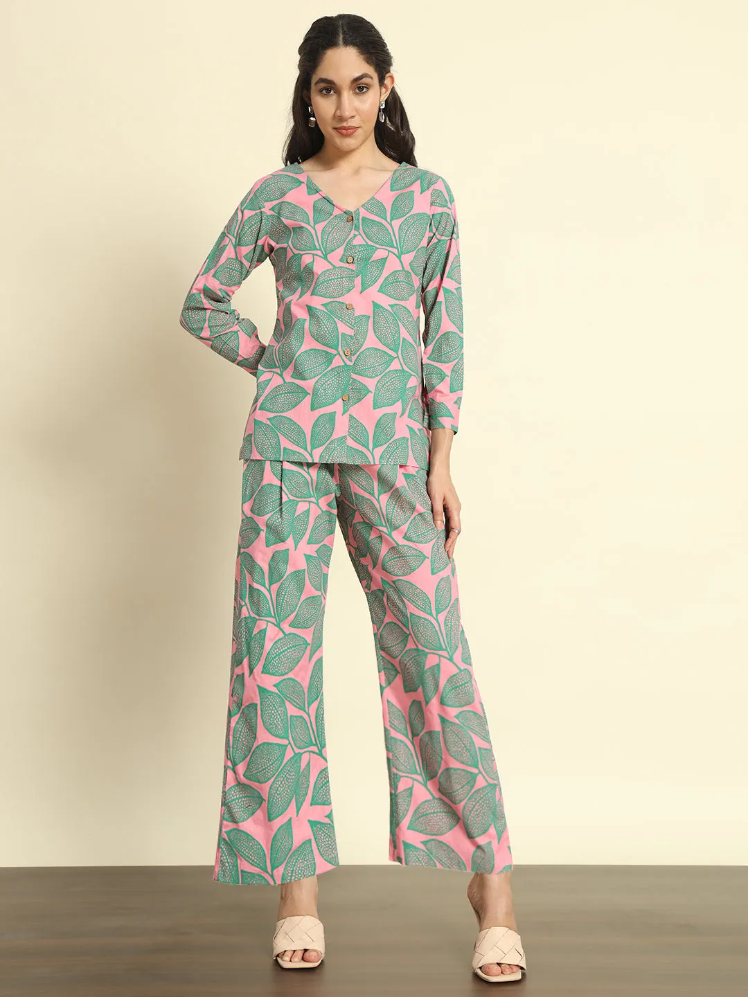 Pink Leafy Printed Linen Pants