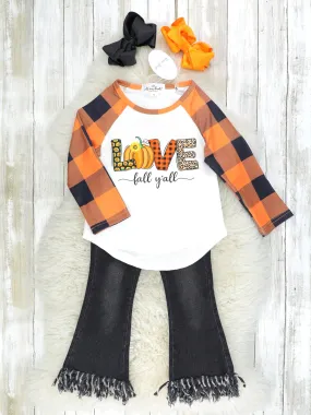 "Love Fall Y'all" Top & Denim Fringe Outfit