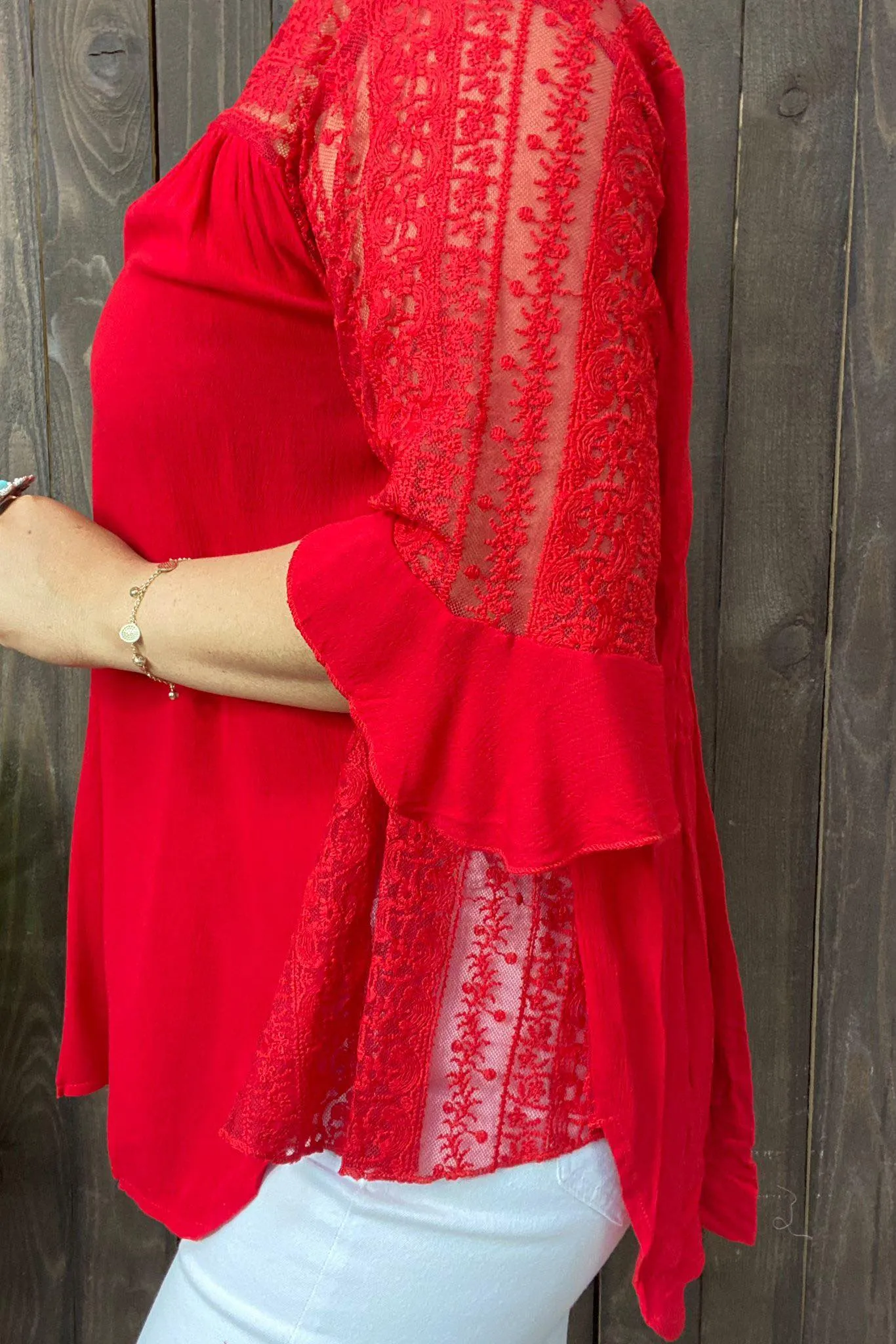 Red Blouse with lace insets on side & sleeves