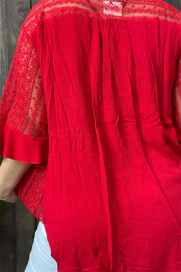 Red Blouse with lace insets on side & sleeves