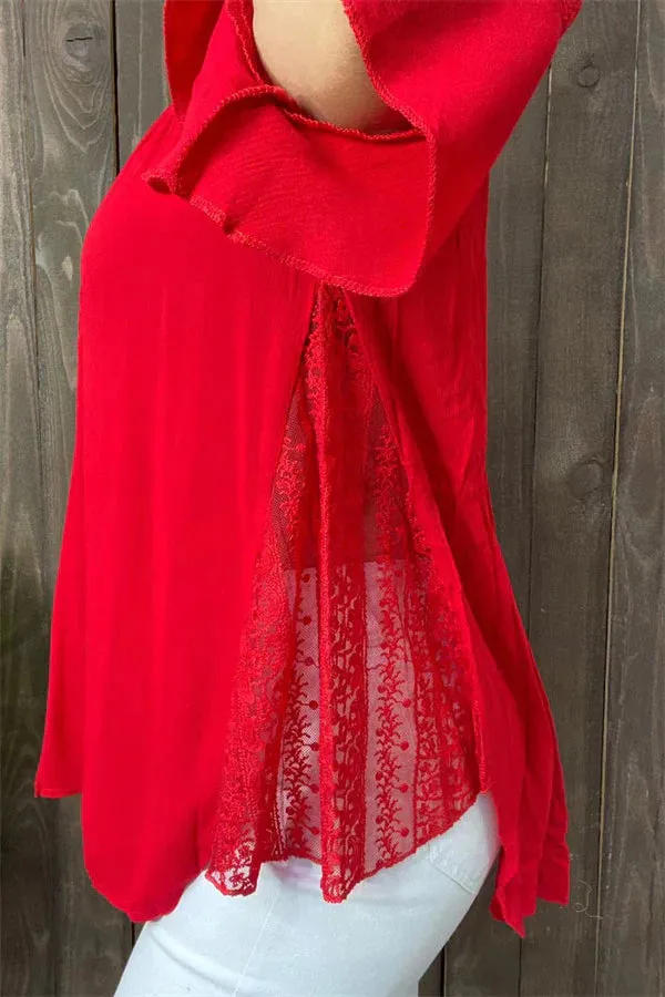 Red Blouse with lace insets on side & sleeves