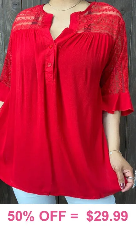 Red Blouse with lace insets on side & sleeves