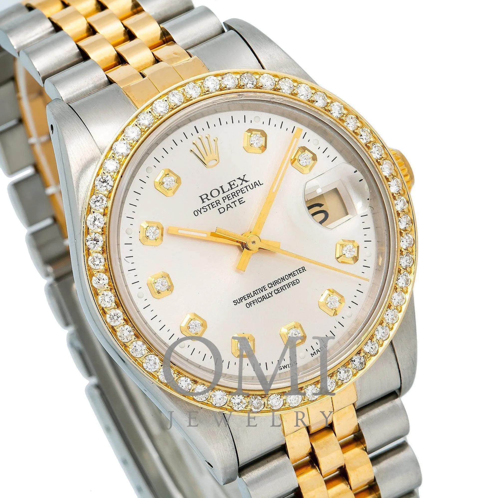 Rolex Date 15203 34MM Silver Diamond Dial With Two Tone Jubilee Bracelet