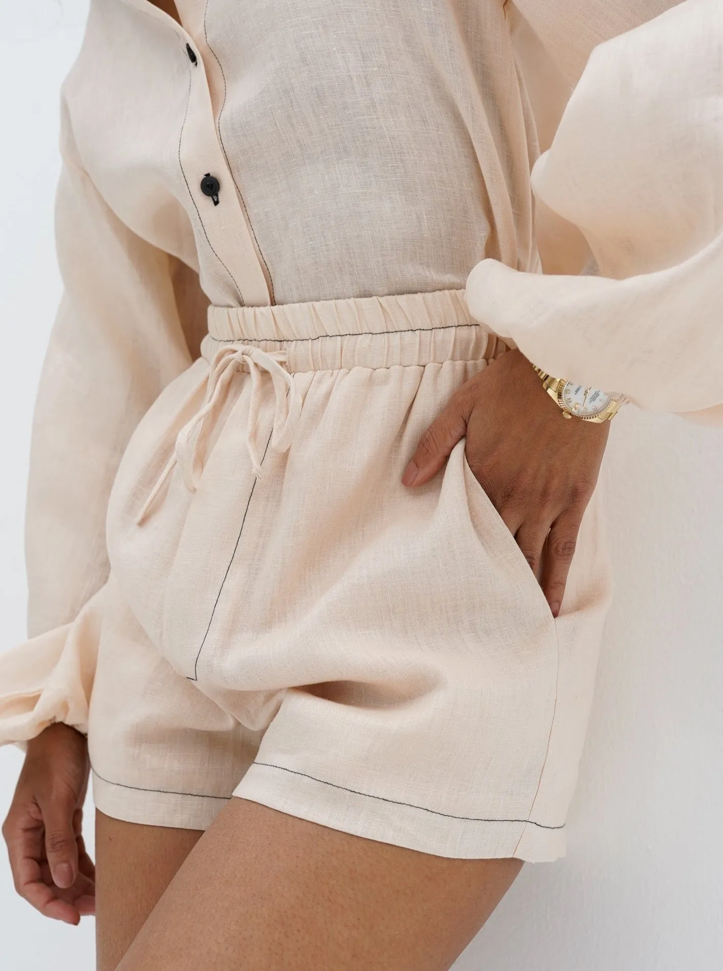 Rue Contrast Linen Shorts | Blush