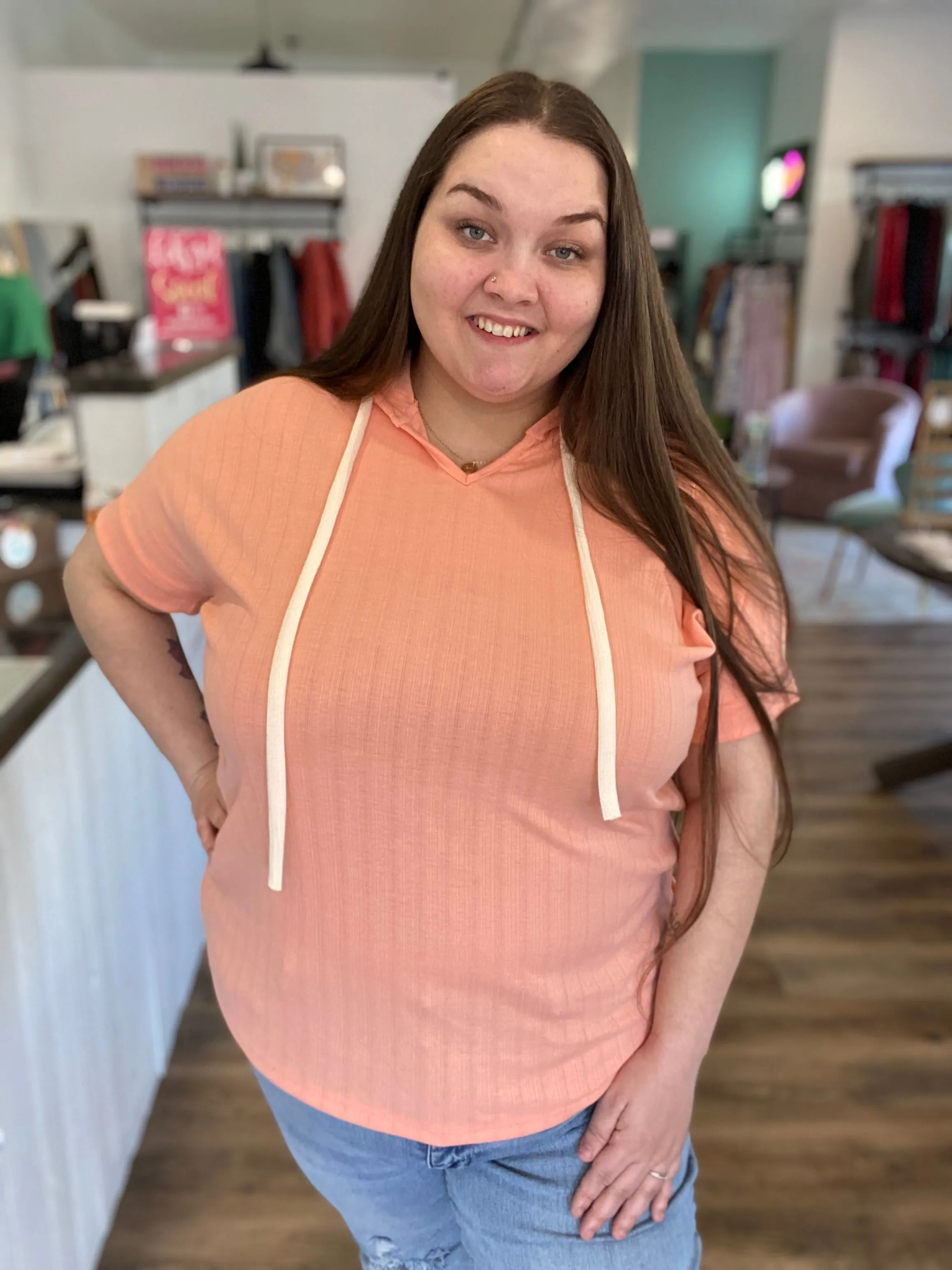 Short Sleeve Hooded Tee - Coral