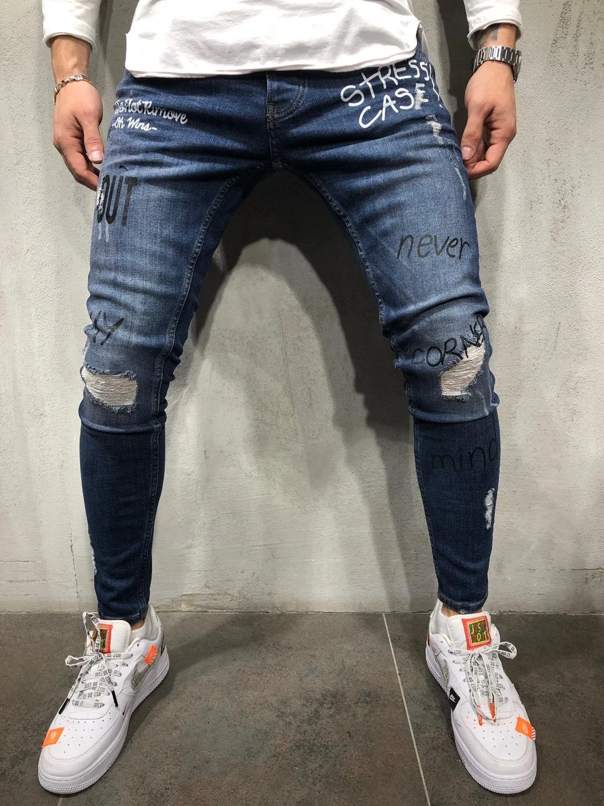 Sneakerjeans Blue Printed Ripped Skinny Jeans A260