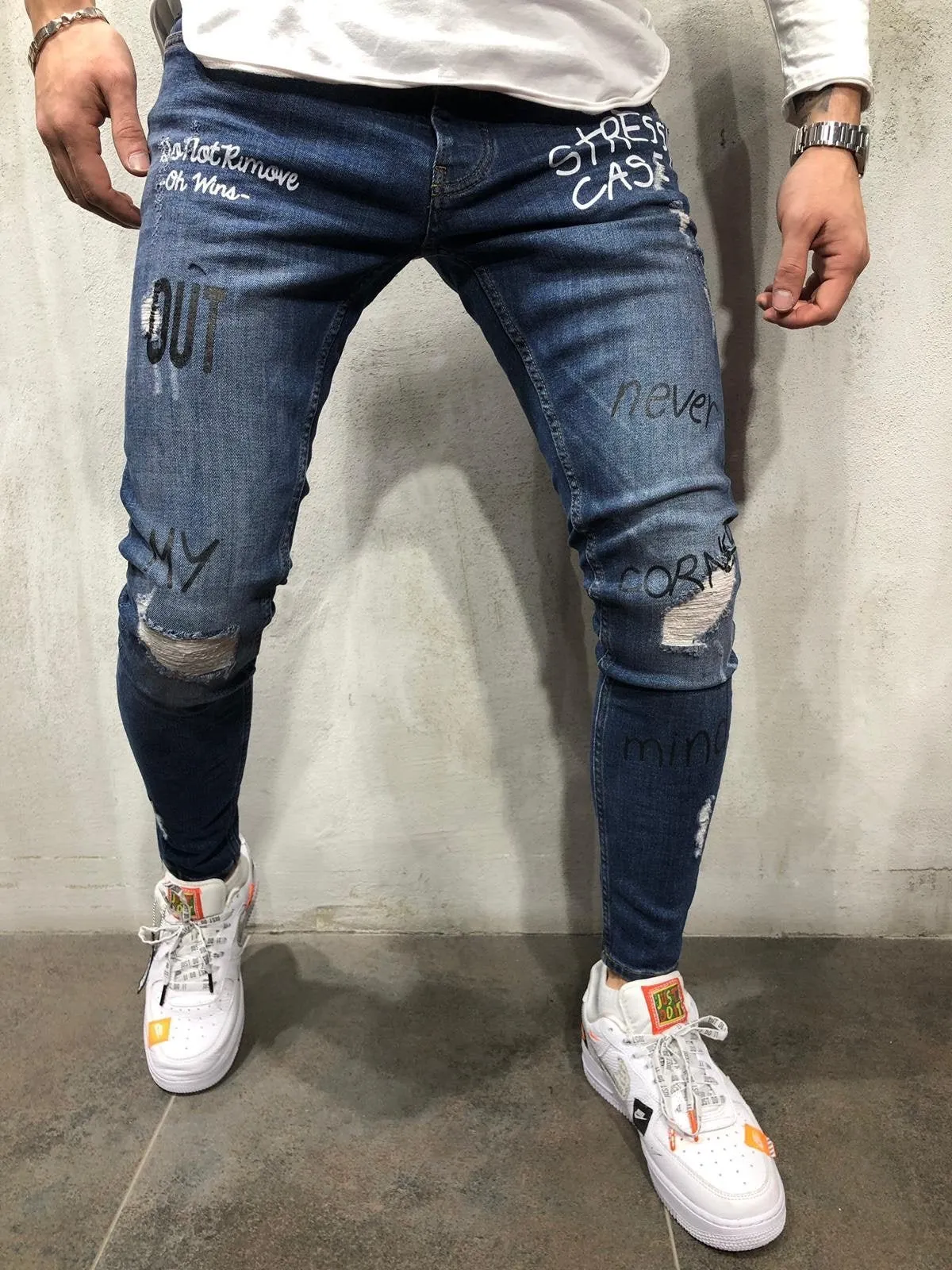 Sneakerjeans Blue Printed Ripped Skinny Jeans A260