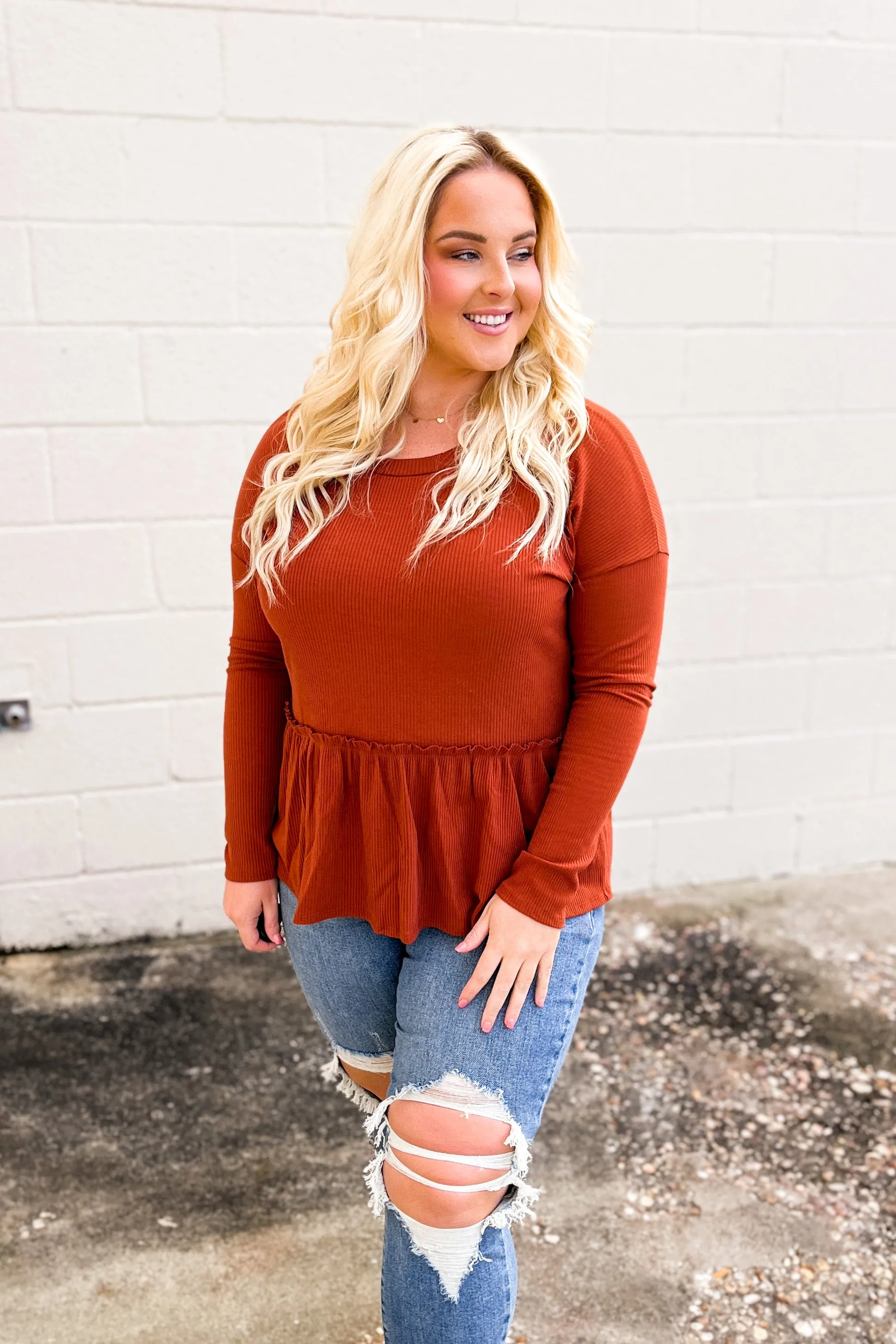 Sweet As Ever Peplum Top, Cognac