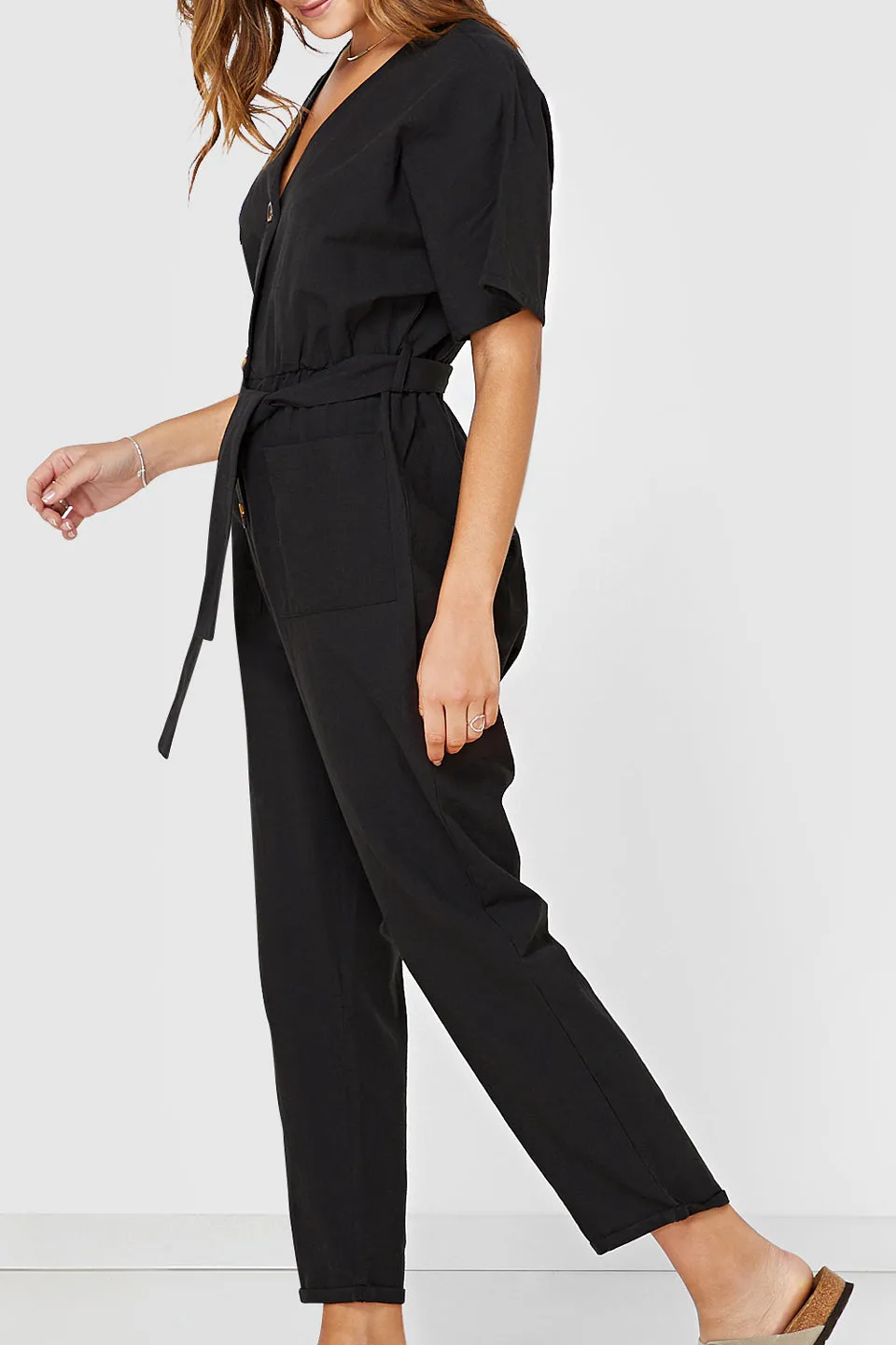 Tori SS Button Up Linen Blend Black Jumpsuit