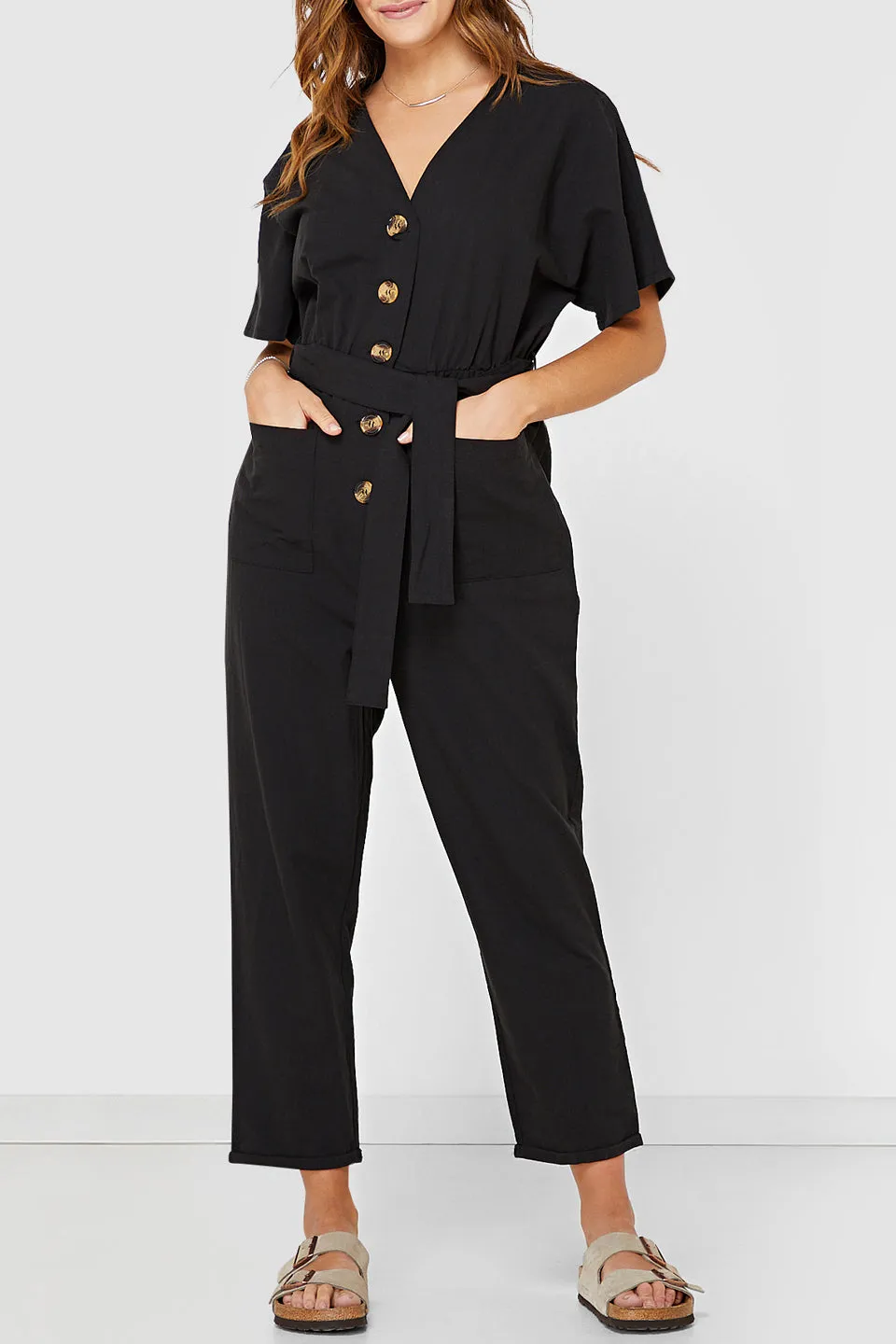 Tori SS Button Up Linen Blend Black Jumpsuit