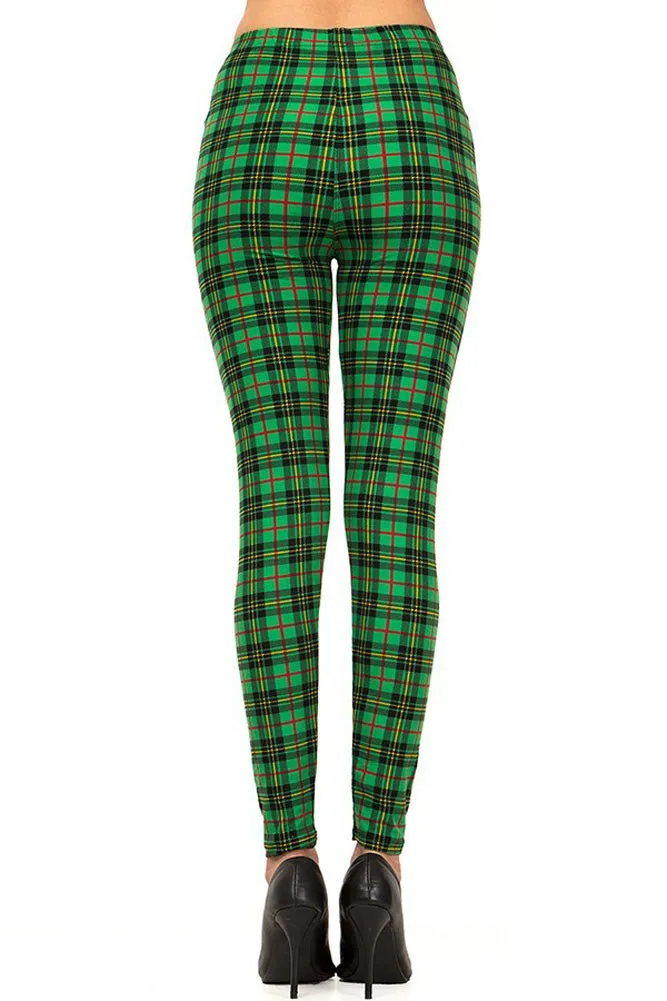 Women's 3X 5X Holiday Green Wine Plaid Pattern Print Leggings