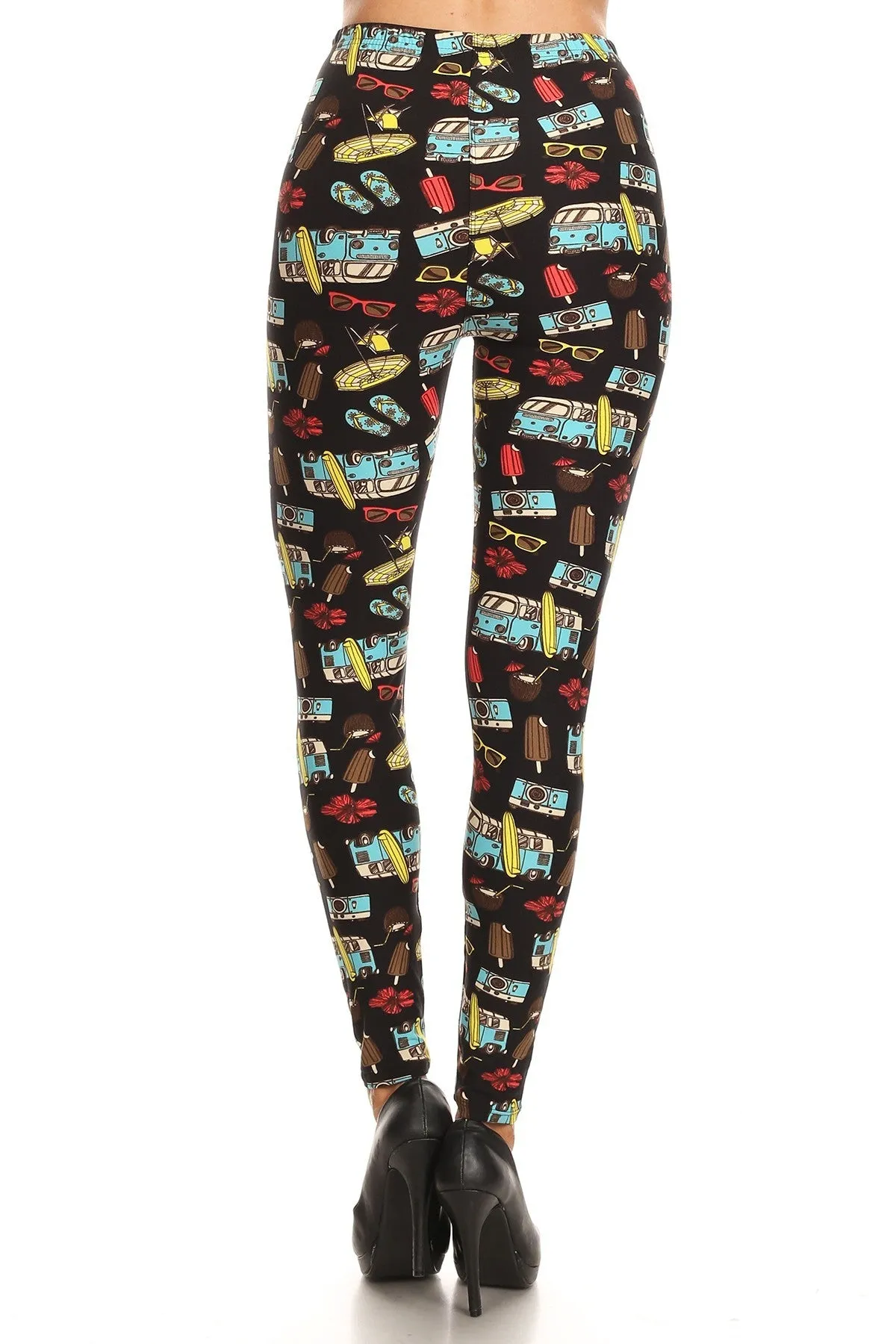 Women's Plus Beach Theme Mini Van Pattern Printed Leggings