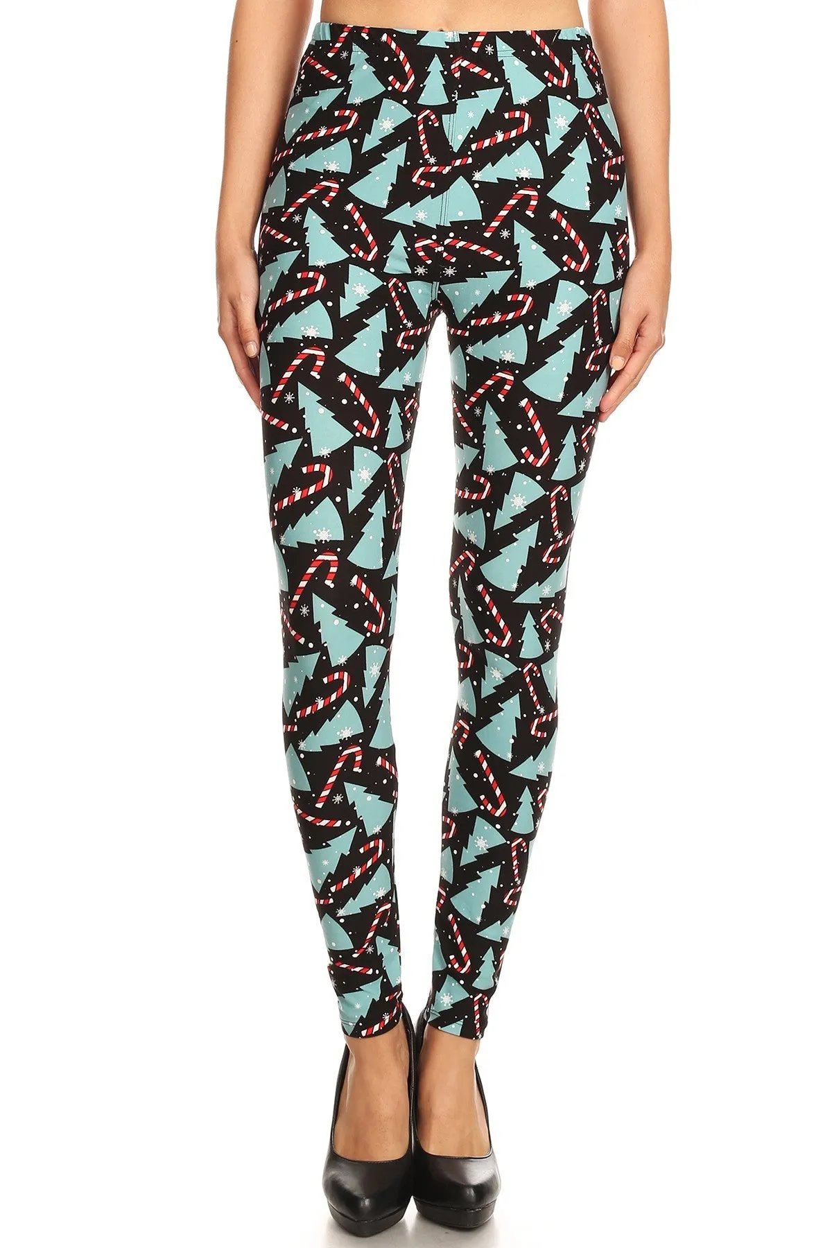 Women's Plus Candy Cane Christmas Tree Pattern Printed Leggings