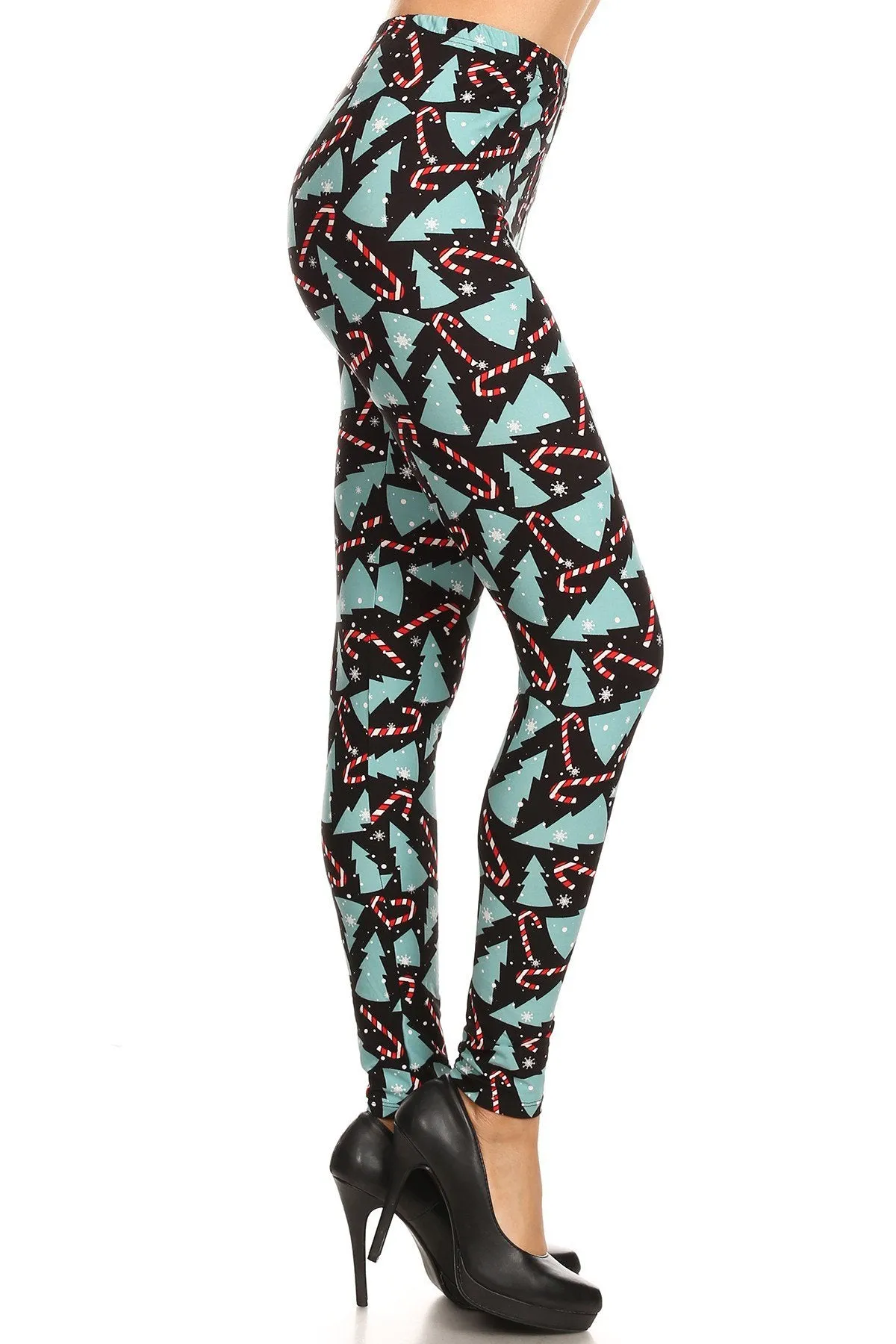 Women's Plus Candy Cane Christmas Tree Pattern Printed Leggings