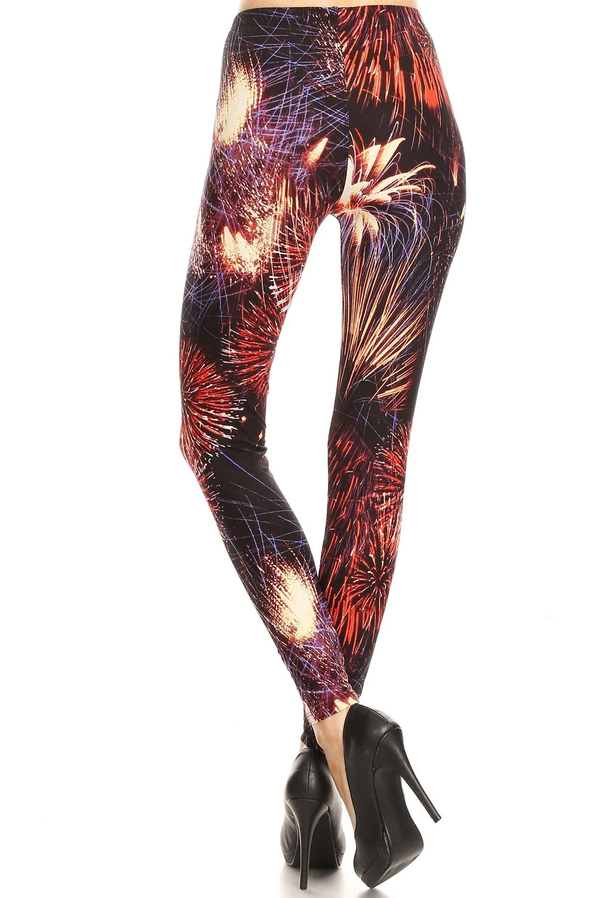 Women's Plus colorful Fireworks Pattern Printed Leggings - Red Purple