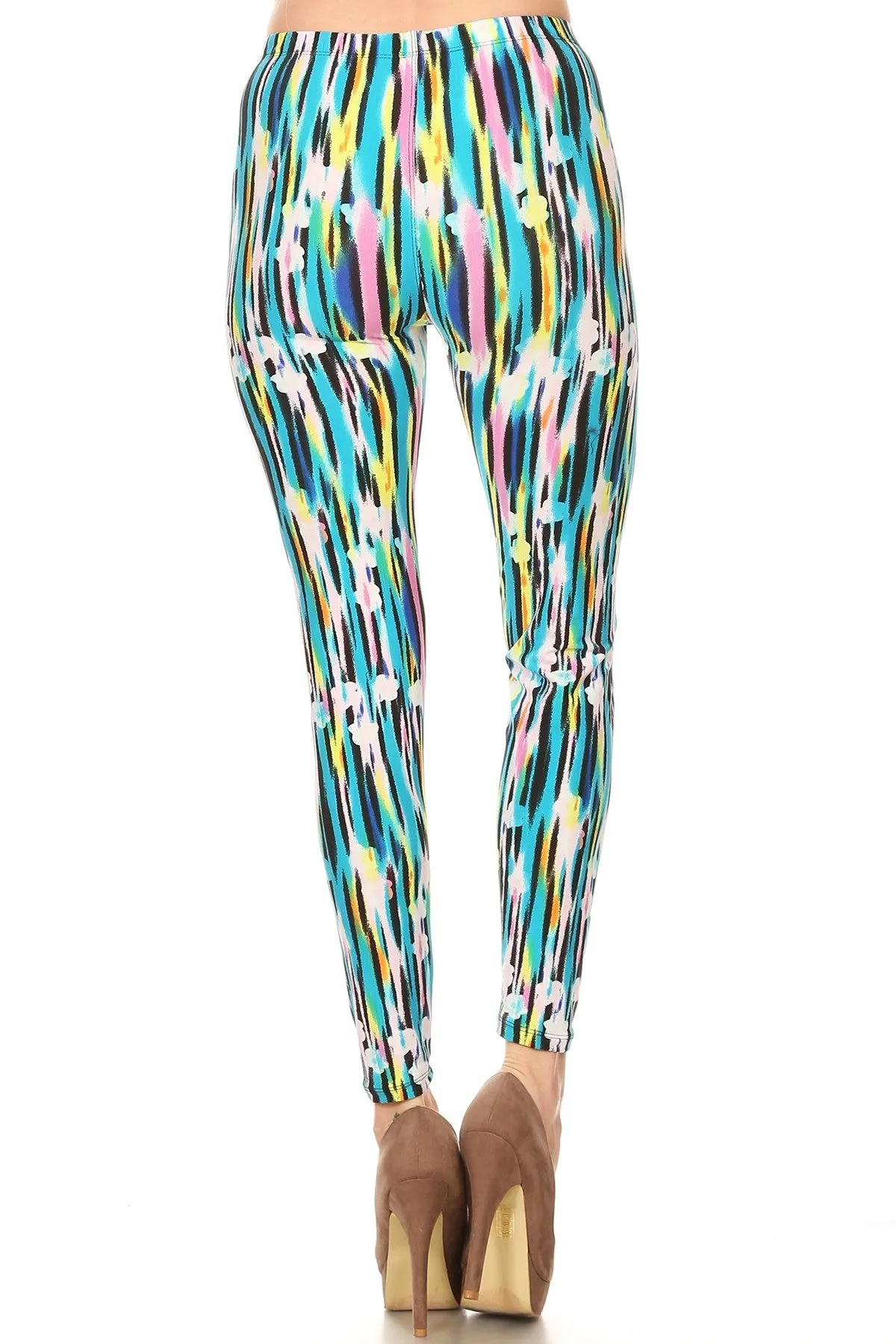 Women's Regular Abstract Paint Lines Pattern Printed Leggings - Blue Yellow